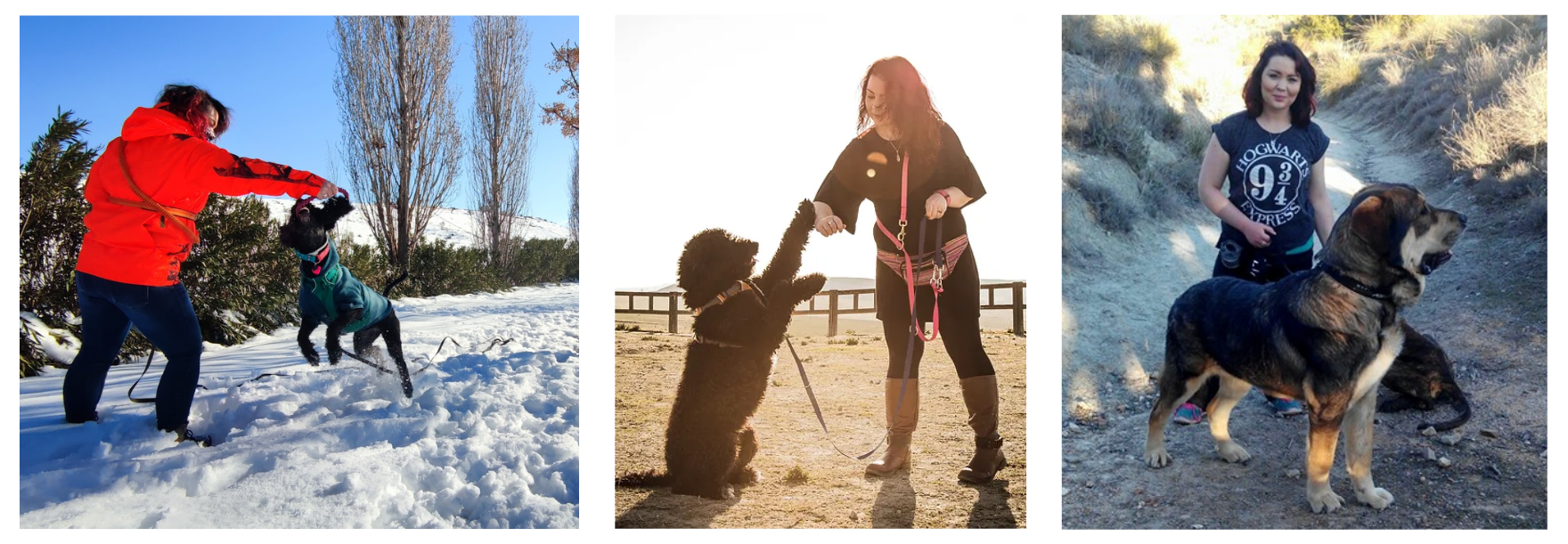 three images of a woman playing with dogs